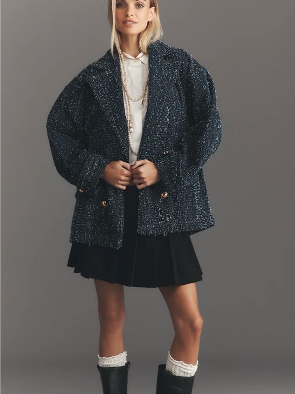 Maeve Anthropologie Navy denim punched Double-Breasted oversized jacket large